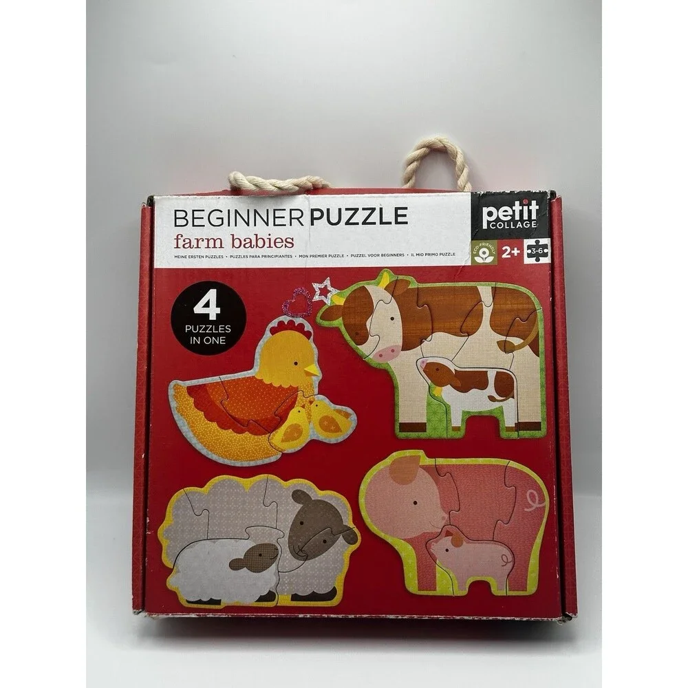 Petit Collage Beginner Puzzle Farm Babies 4 Wood Puzzles in One Complete Set